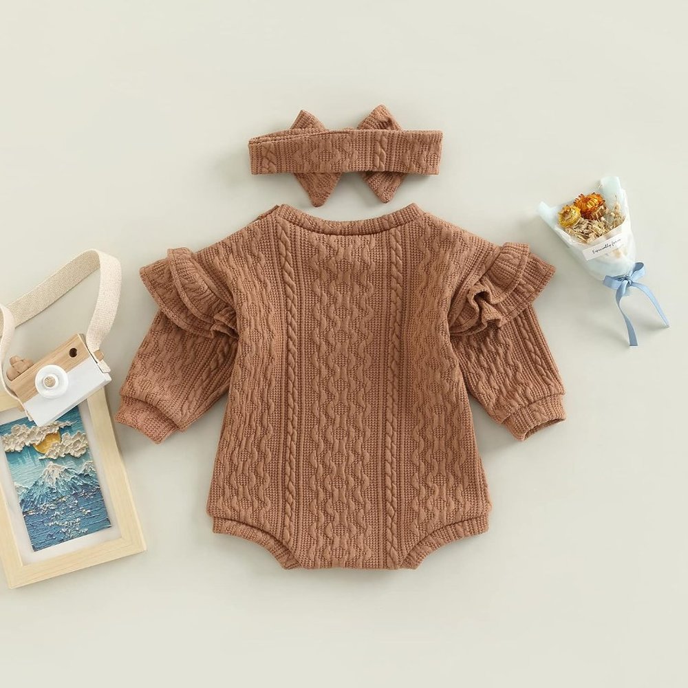 Baby Girl Boho Ruffle Long Sleeve Romper Fall Winter Knit Shirt Tops Headband - Picture 4 of 8